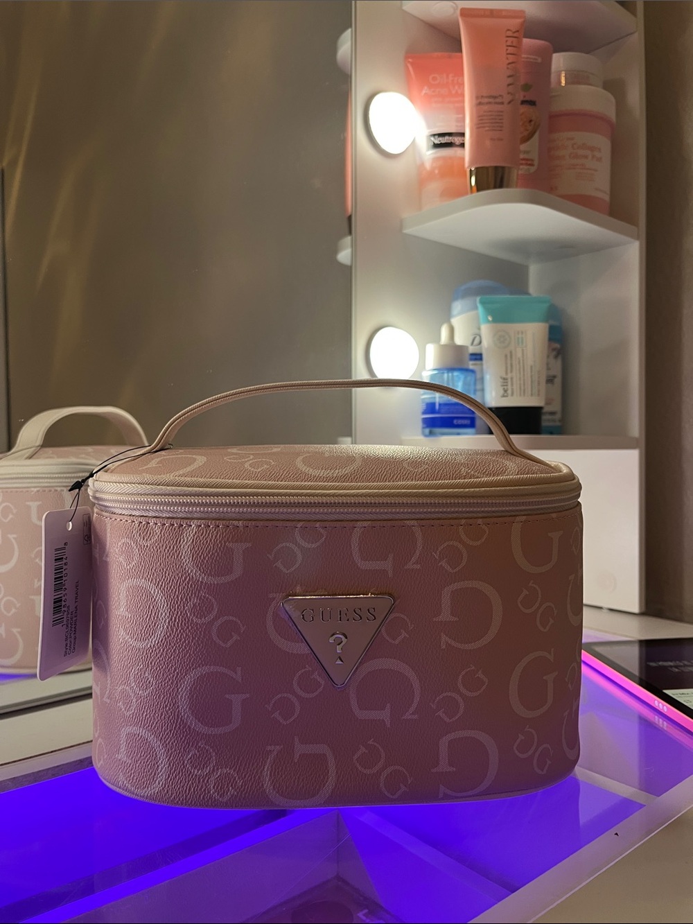 GUESS Blush Pink Logo Cosmetic Case with Top Handle